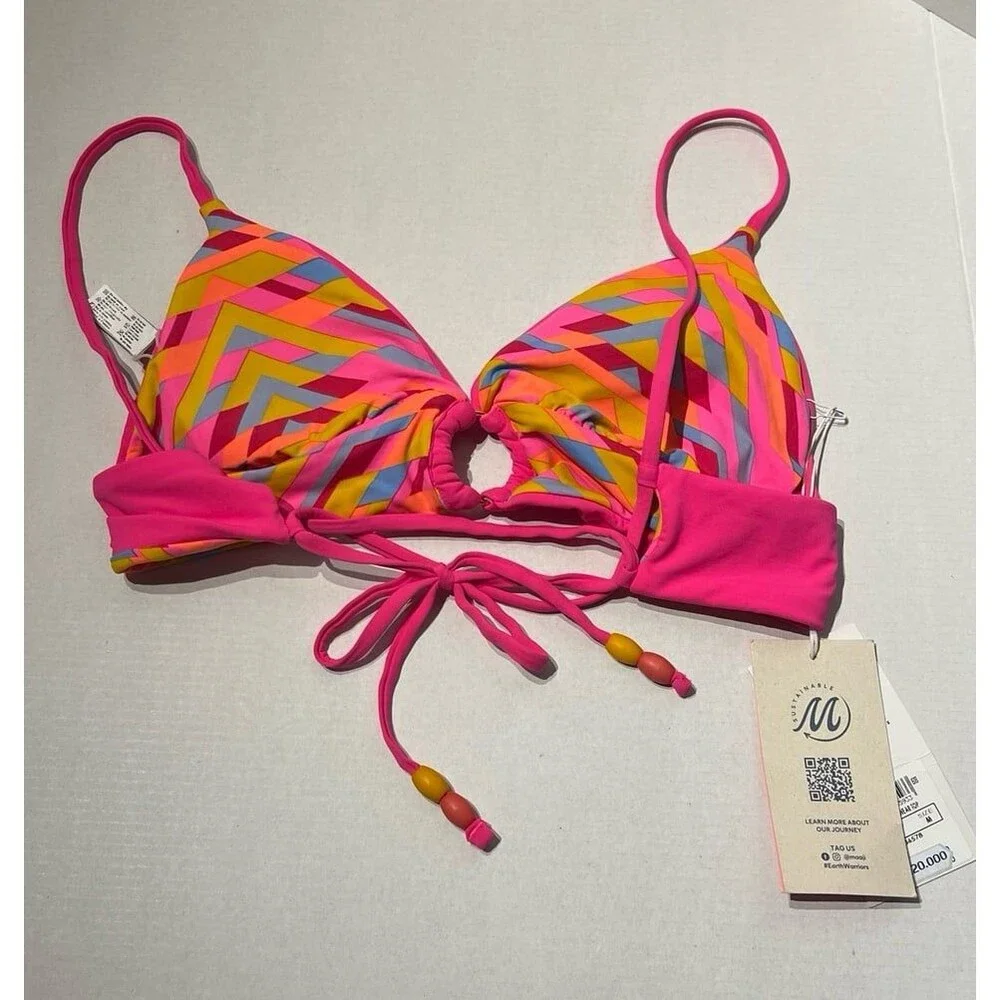 Maaji Dragon Fruit Shine Long Line Triangle Reversible Bikini Top Size M New